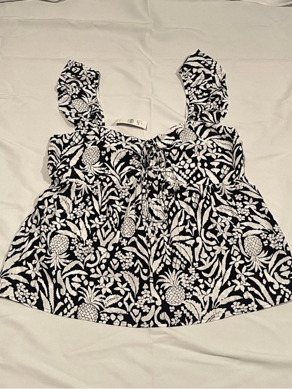 LOFT Black and White Floral and Pineapple print top w/flowy Straps and Tie